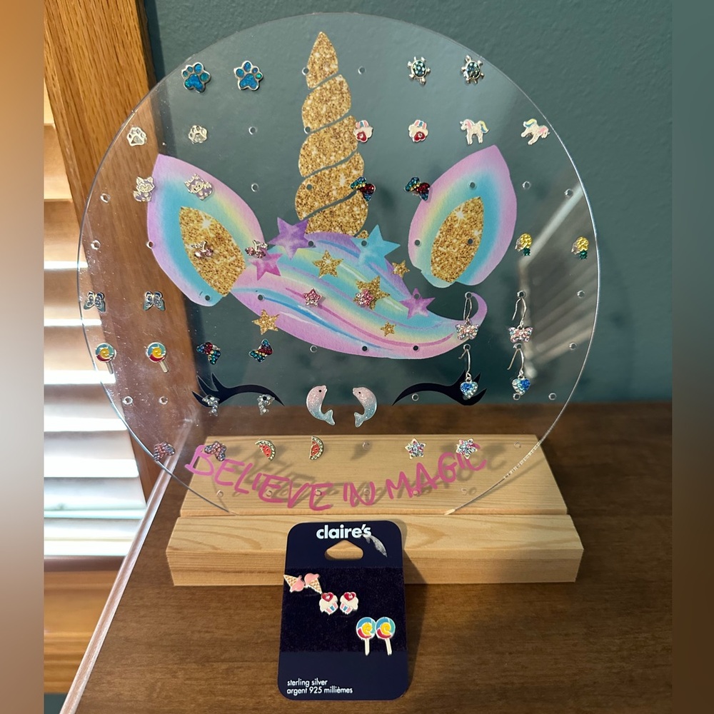 Gold and Pink Unicorn Jewelry Holder with 23 pair of kids earrings